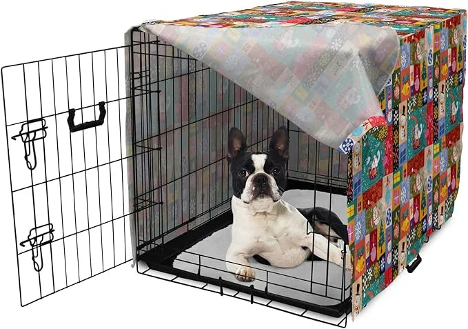 Lunarable Christmas Dog Crate Cover, Modern Design Theme Funny Xmas Winter Patterns Theme, Easy to Use Pet Kennel Cover fo...