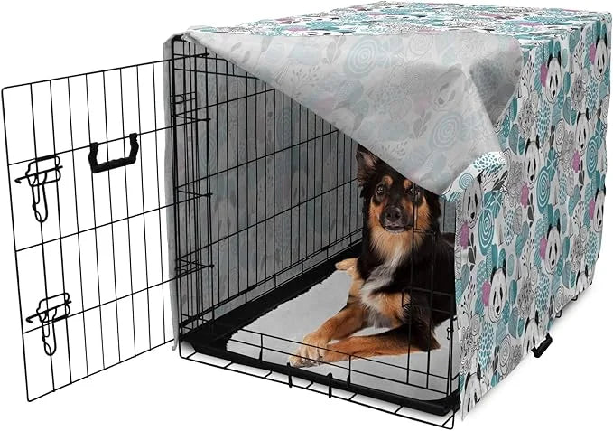 Lunarable Panda Dog Crate Cover, Portraits of Chinese Bears on Sketch Flowers and Abstract Circular Shapes, Easy to Use Pe...