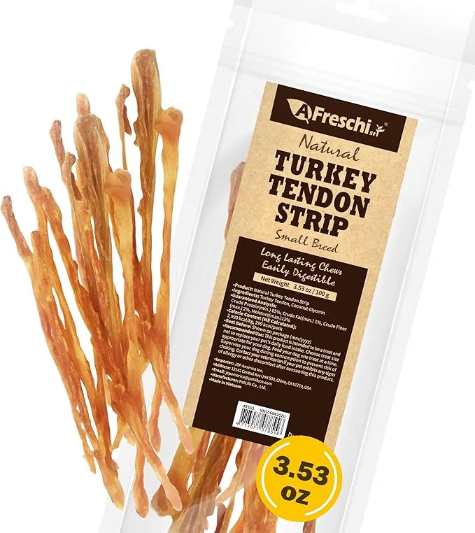 Afreschi Turkey Tendon Dog Treats, Strip 3.53 oz, USA Sourced Turkey, All Natural Human Grade Puppy Chew, Hypoallergenic, ...