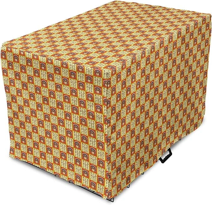 Lunarable Thanksgiving Dog Crate Cover, Checkered Pattern with Funny Cartoon Gobbler and Fallen Autumn Leaves, Easy to Use...