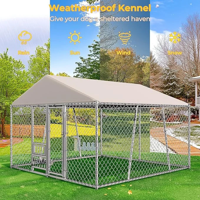 10 x 10FT Large Outdoor Dog Kennel with Bowls, Dog Kennel Outside with Waterproof Cover Roof, Galvanized Heavy Duty Chain ...