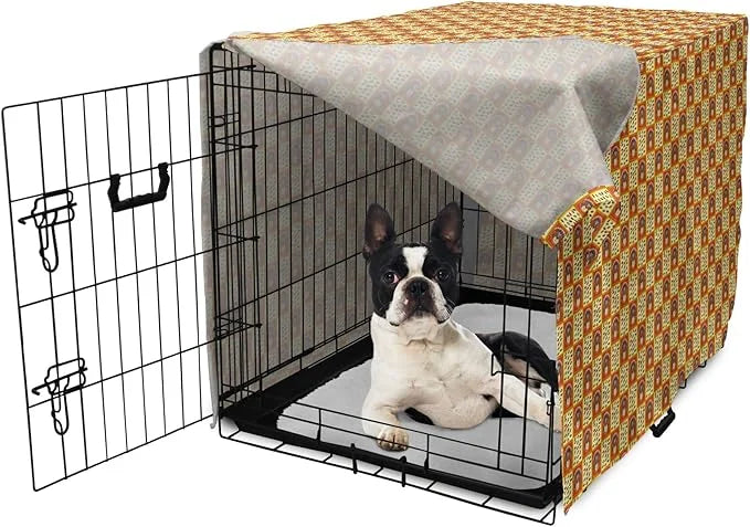 Lunarable Thanksgiving Dog Crate Cover, Checkered Pattern with Funny Cartoon Gobbler and Fallen Autumn Leaves, Easy to Use...