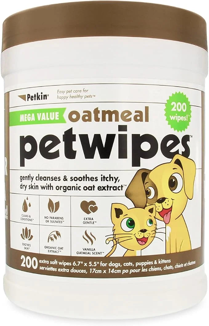 Petkin Mega PetWipes, 200 Wipes - Oatmeal Pet Wipes for Dogs and Cats, Use on Face, Paws, Ears, Body and Eye Area - Ideal ...