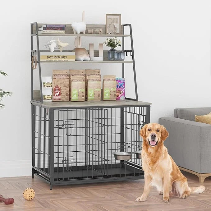 Furniture Style Dog Crate, Indoor Basic Dog Cage with 3-Layer Storage Shelves, Flip-up Top End Table Dog Cage, Dog Kennel ...