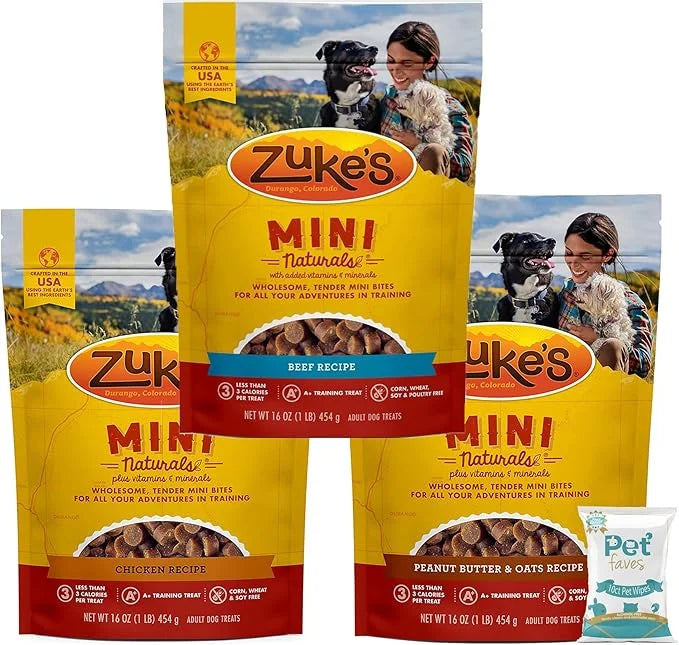 (3 Pack) Zuke Mini Naturals - Chicken, Beef , Peanut Butter - 16oz Each with 10ct Pet Wipes - Product Image