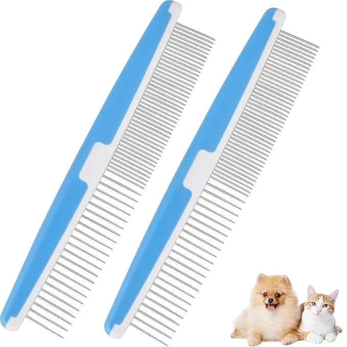 2 Pack Dog Combs, 2-in-1 Stainless Steel Cat Grooming Comb with Rounded Teeth, Professional Pet Dematting Tool, Prevents K...