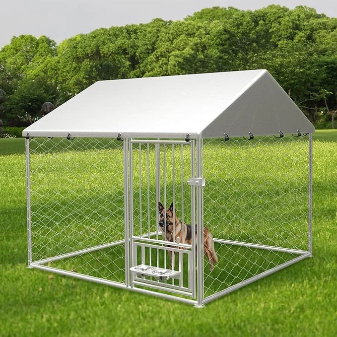 Large Outdoor Dog Kennel, Heavy Duty Galvanized Steel Dog Enclosure with Swivel Feeder, Chicken Coop w/Waterproof UV-Resis...