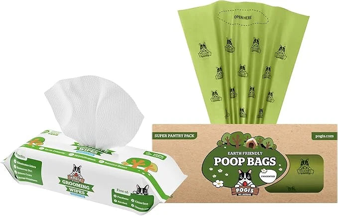 Pogi's Poop n' Wipe Combo - 500 Unscented Dog Poop Bags and 100 Plant-based Grooming Wipes Bundle - Product Image