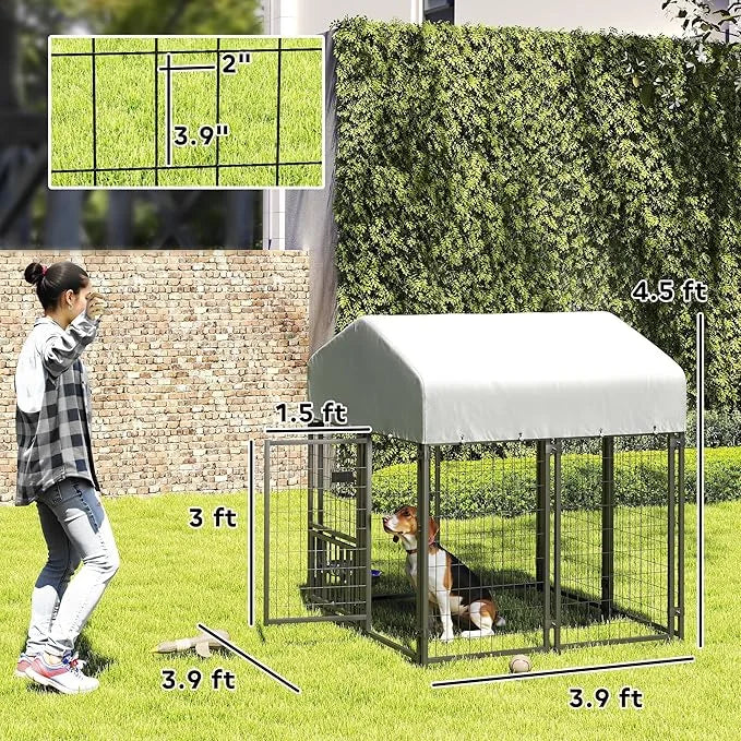 PawHut 3.9' x 3.9' x 4.5' Outdoor Dog Kennel, Welded Wire Heavy Duty Dog Run with 360° Rotating & 4 Level Adjustable Bowls...