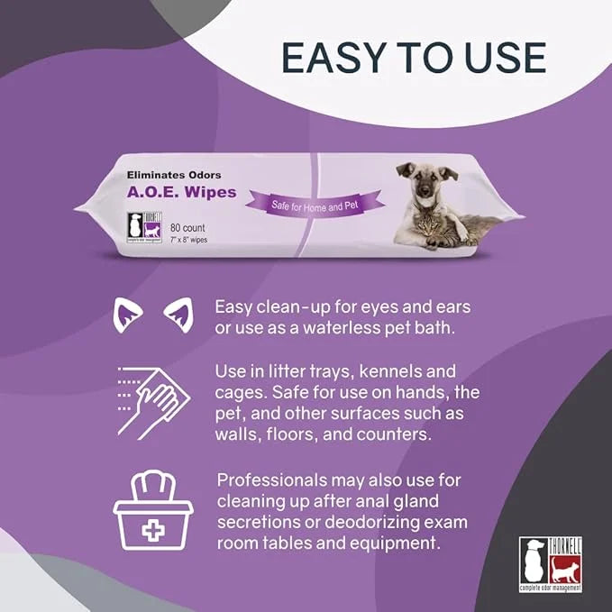 Thornell Animal Odor Eliminator Cat and Dog Wipes (80 Wipes) - All Purpose Deodorizing Pet Wipes - Pet Odor Eliminator for...