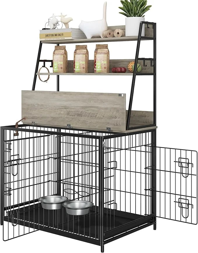 Furniture Style Dog Crate, Indoor Basic Dog Cage with 3-Layer Storage Shelves, Flip-up Top End Table Dog Cage, Dog Kennel ...