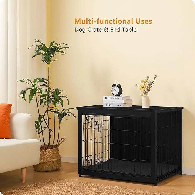 DWANTON Dog Crate Furniture with Cushion, Wooden Kennel Table with Double Doors, Indoor Dog House, Large Size, 38.5" L, Bl...