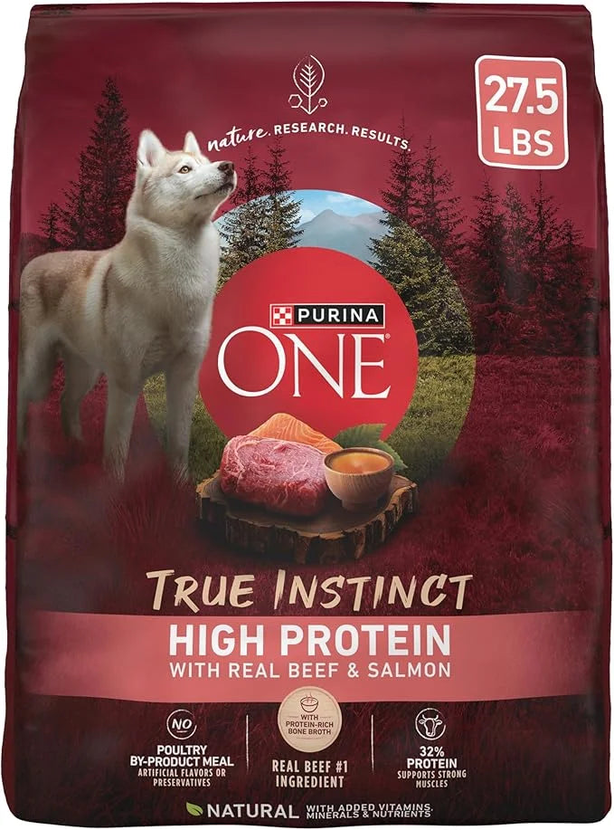 Purina ONE Natural High Protein Dry Dog Food Dry True Instinct with Real Beef and Salmon With Bone Broth and Added Vitamin...