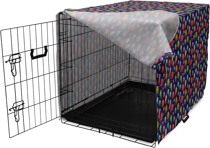 Lunarable Outer Space Dog Crate Cover, Cartoon Planets and Space Ships with Space Background Fun Science, Easy to Use Pet ...