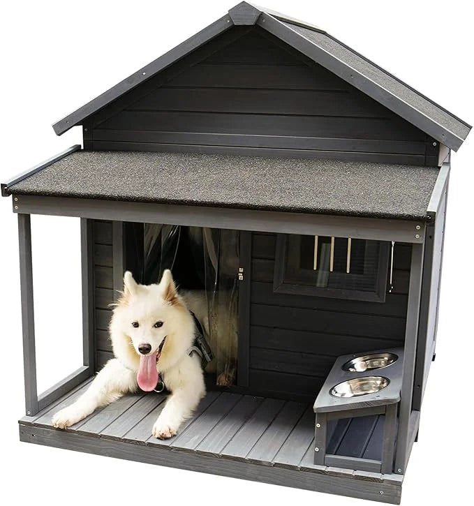 YOTPO Large Outdoor Fir Wood Dog House with Spacious Terrace,Breathable Window&2 Feeding Stainless Bowls,Dog Kennel W/Soli...