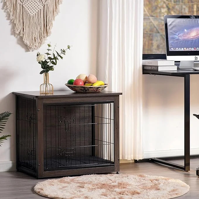 DWANTON Dog Crate Furniture with Cushion, Wooden Kennel Table with Double Doors, Indoor Dog House, Small/Medium/Large/Extr...
