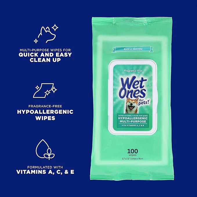Wet Ones for Pets Hypoallergenic Multi-Purpose Dog Wipes with Vitamins A, C & E, 100 ct - 12 Pack | Fragrance-Free Hypoall...