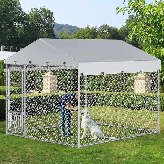 YITAHOME Outdoor Dog Kennel with Rotating Feeder Bowls, 7.5'x7.5' Outdoor Dog Enclosure with Roof, Heavy Duty Dog Cage for...