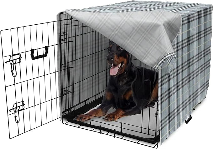 Lunarable Plaid Dog Crate Cover, Traditional Vintage Pattern with Modern Look Checkered Pastel Colored, Easy to Use Pet Ke...