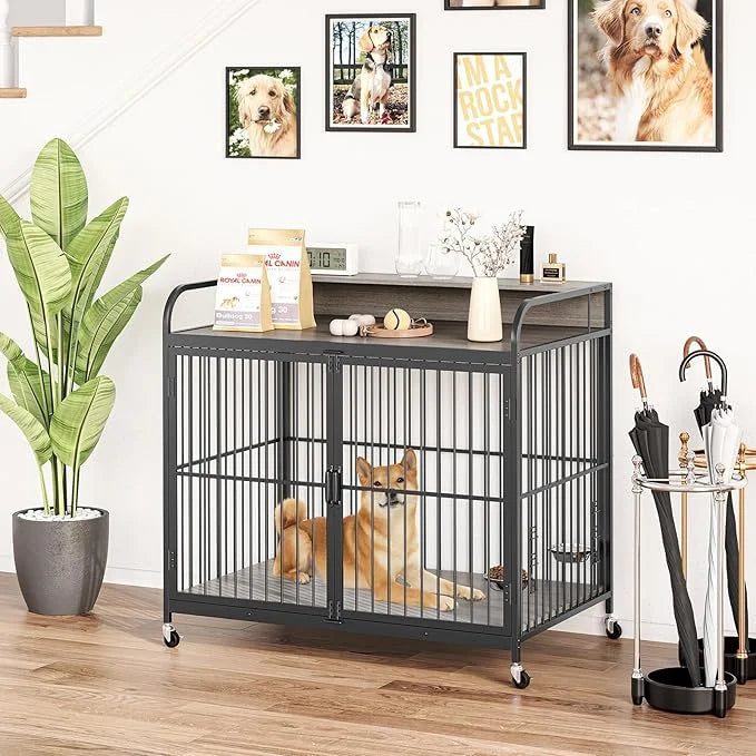 GAOMON Dog Crate Furniture, Dog Crate Indoor with Adjustable Height Bowls, Wooden Heavy Duty, 39.8 Inch Dog Kennel Furnitu...