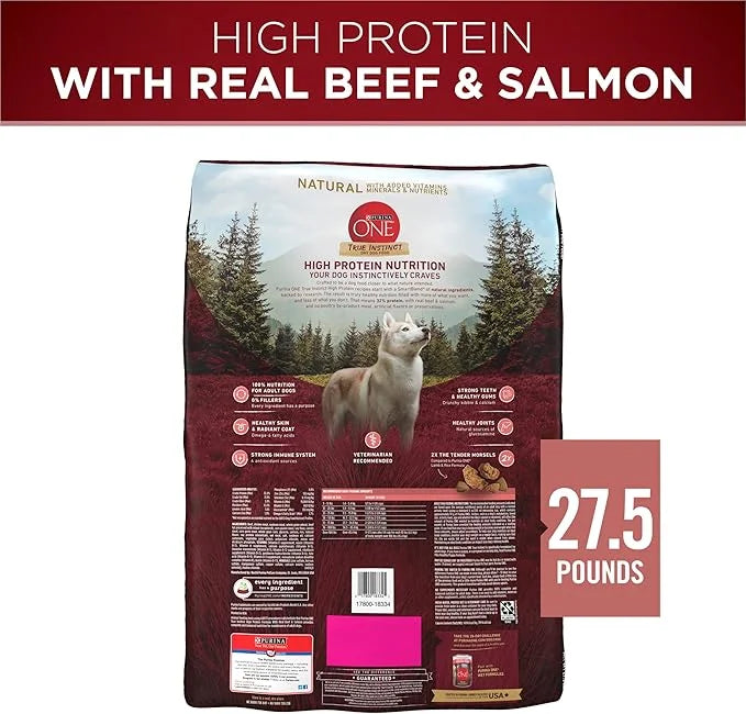 Purina ONE Natural High Protein Dry Dog Food Dry True Instinct with Real Beef and Salmon With Bone Broth and Added Vitamin...
