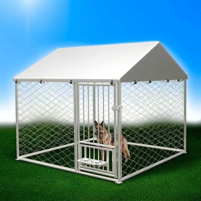Large Outdoor Dog Kennel, Heavy Duty Galvanized Steel Dog Enclosure with Swivel Feeder, Chicken Coop w/Waterproof UV-Resis...