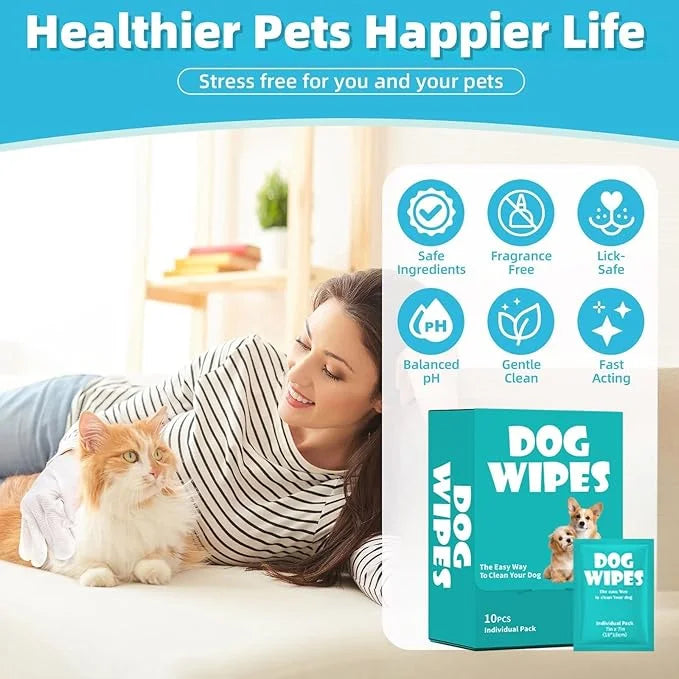 4 Pack Unscented Pet Wipes for Dogs & Cats Travel - 10 Individually Wrapped Waterless Cleaning Wipes per Box, Gentle Puppy...