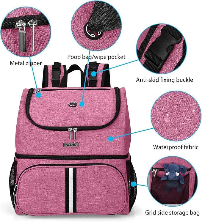BAGLHER Pet Travel Bag, Double-Layer Pet Supplies Backpack (for All Pet Travel Supplies), Pet Travel Backpack with 2 Silic...
