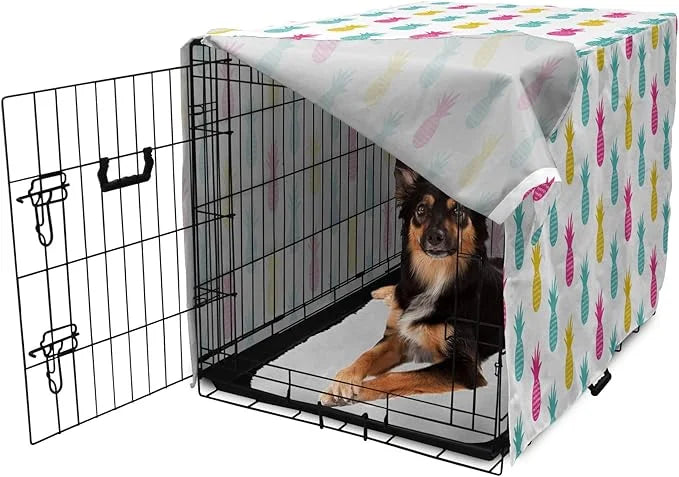 Lunarable Yellow Pineapple Dog Crate Cover, Rhythmic Ananas Fruits in Colorful Design Summer Tropical Concept, Easy to Use...