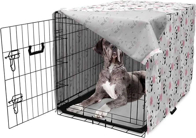Lunarable Panda Dog Crate Cover, Cartoon Style Bear Drawings Pinkish Foliage Leaves Chinese, Easy to Use Pet Kennel Cover ...