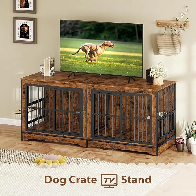 Rovibek 78 Double Dog Crate Furniture for 2 Large Dogs Indoor, Wooden Furniture Dog Crates with Dog Bowl, Dog Kennel Furni...