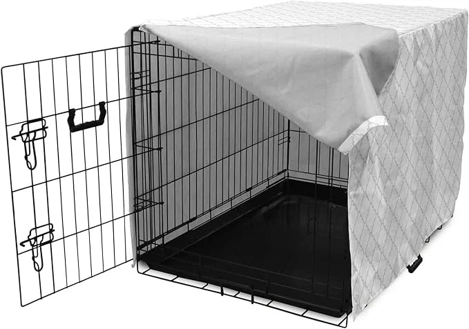 Lunarable Grey Dog Crate Cover, Moroccan Traditional Trellis Pattern Simple Geometric Monochrome Tile, Easy to Use Pet Ken...