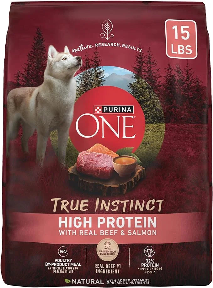 Purina ONE Natural High Protein Dry Dog Food Dry True Instinct with Real Beef and Salmon With Bone Broth and Added Vitamin...