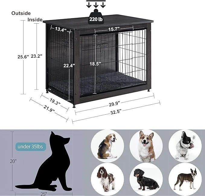 DWANTON Dog Crate Furniture with Cushion, Wooden Kennel Table with Double Doors, Indoor Dog House, Medium Size, 32.5" L, D...