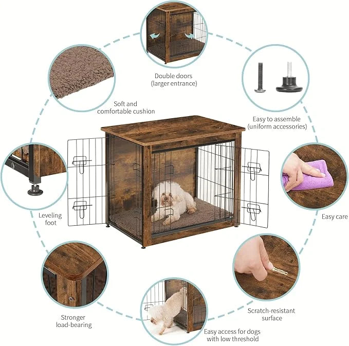 DWANTON Dog Crate Furniture with Cushion, Wooden Kennel Table with Double Doors, Indoor Dog House, Small/Medium/Large/Extr...