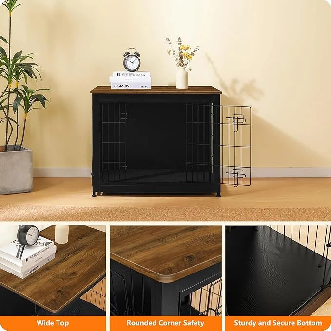 DWANTON Dog Crate Furniture with Cushion, Wooden Kennel Table with Double Doors, Indoor Dog House, Medium Size, 32.5" L, B...