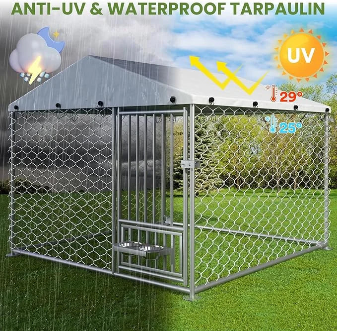 6.7 x 6.7 ft Dog Kennel Outside - Outdoor Dog Kennel with Roof, Heavy Duty Outdoor Dog Kennel with Rotating Feeding Bowls,...