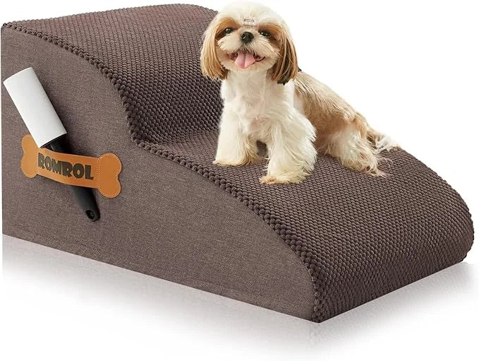 High Density Foam Dog Stairs Ramp for Beds Couches, Romrol Pet Steps with Durable Non-Slip Waterproof Fabric Cover, Dog Sl...