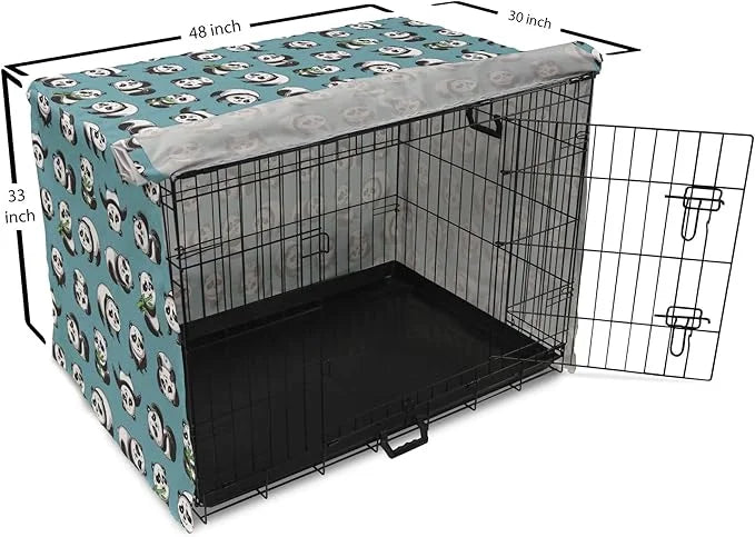 Lunarable Panda Dog Crate Cover, Cartoon Style Pandas Eating Branches Bear Poses in Sleeping and Rolling, Easy to Use Pet ...