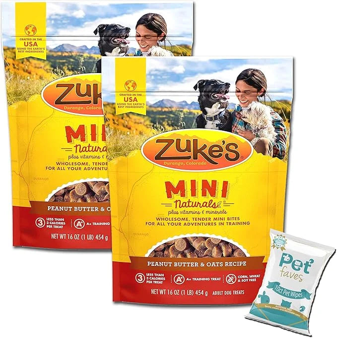 (2 Pack) Zuke Mini Naturals Dog Treats Peanut Butter 16 oz (1 Lb) - Zukes Soft & Chewy Training Treats - with 10ct Wipes -...