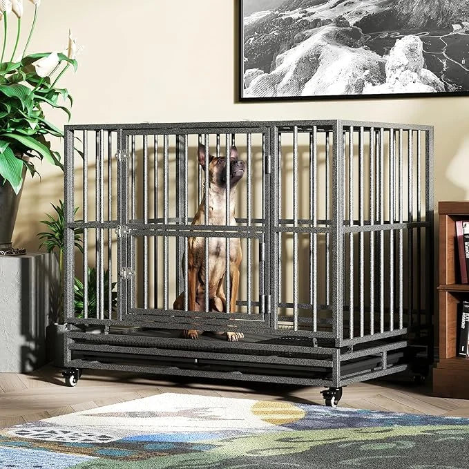 Heavy Duty Extra Large Dog Crate with Wheels - Indestructible 42/46 Inch Chew-Proof, Escape-Proof Kennel for High-Anxiety ...