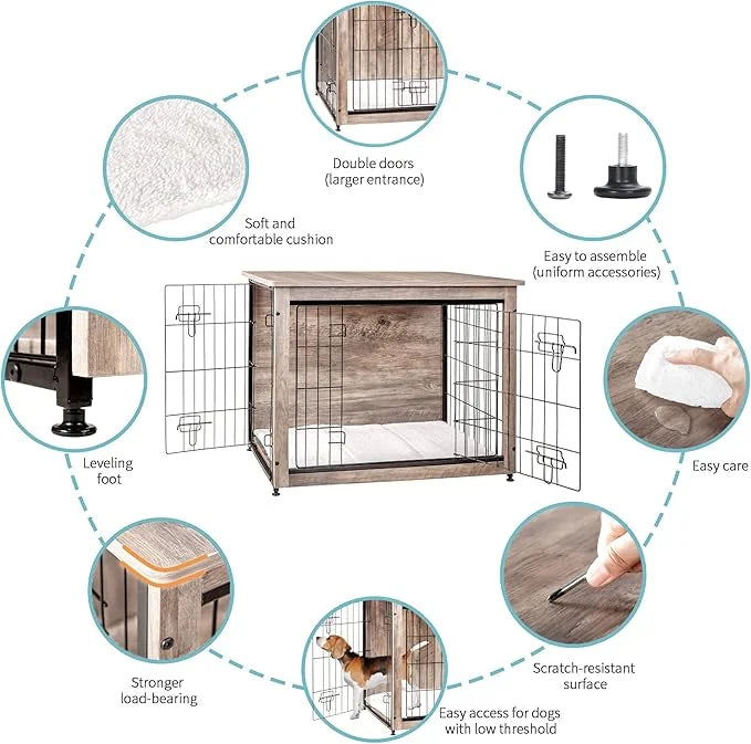 DWANTON Dog Crate Furniture with Cushion, Wooden Kennel Table with Double Doors, Indoor Dog House, Medium Size, 32.5" L, G...