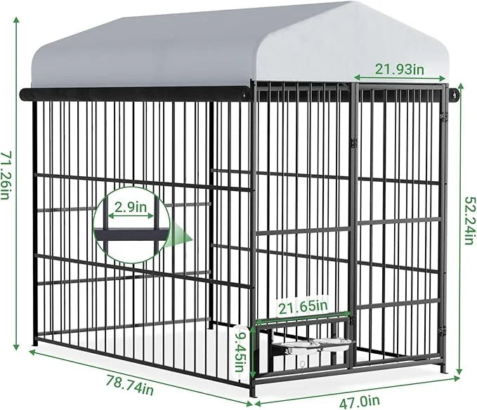 6.6 x 3.9 x 5.9 FT Outdoor Dog Kennel with Roof, Large Dog Kennel Outdoor with Rotating Feeding Bowls, Waterproof and Sunp...