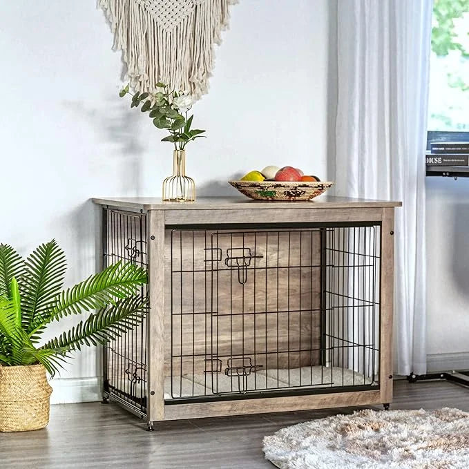 DWANTON Dog Crate Furniture with Cushion, Wooden Kennel Table with Double Doors, Indoor Dog House, Medium Size, 32.5" L, G...
