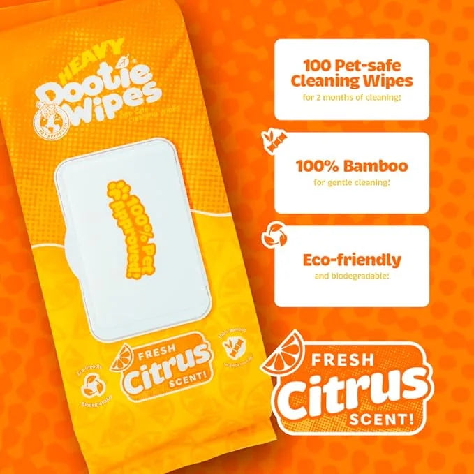 HEAVY Dootie Wipes - Convenient Durable Dog Wipes for Paws, Butt with Very Mild Pleasant Citrus Scent, 100 Count - Puppy E...