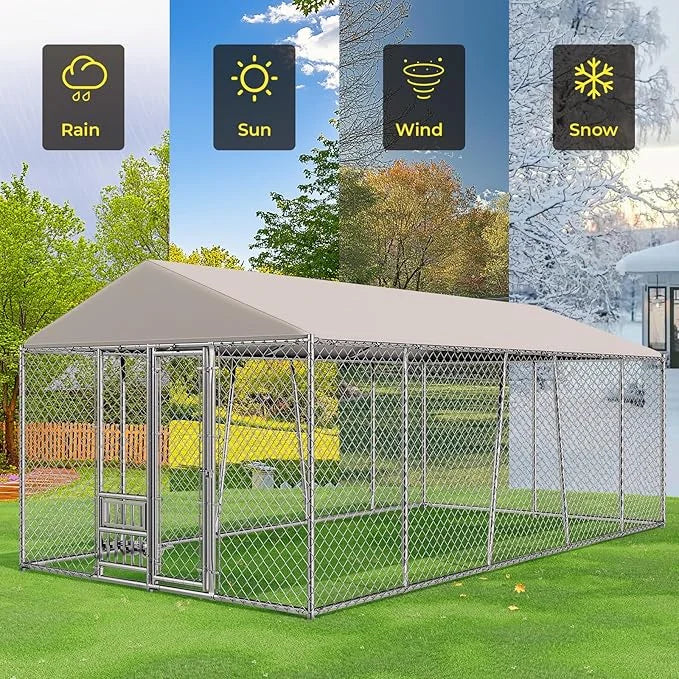 10 x 20FT Large Outdoor Dog Kennel with Bowls, Dog Kennel Outside with Waterproof Cover Roof, Galvanized Heavy Duty Chain ...