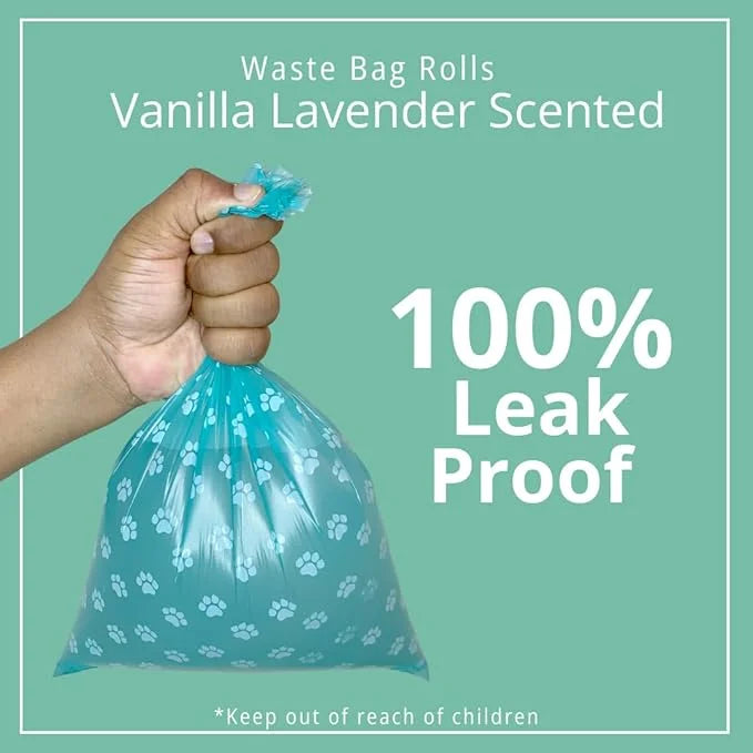 Vanilla Lavender Scent 180 Dog Poop Bags Rolls (12 rolls) & 25 Individual Pet Wipes - 2 in 1 Calming Cleaning Kit for Pet ...