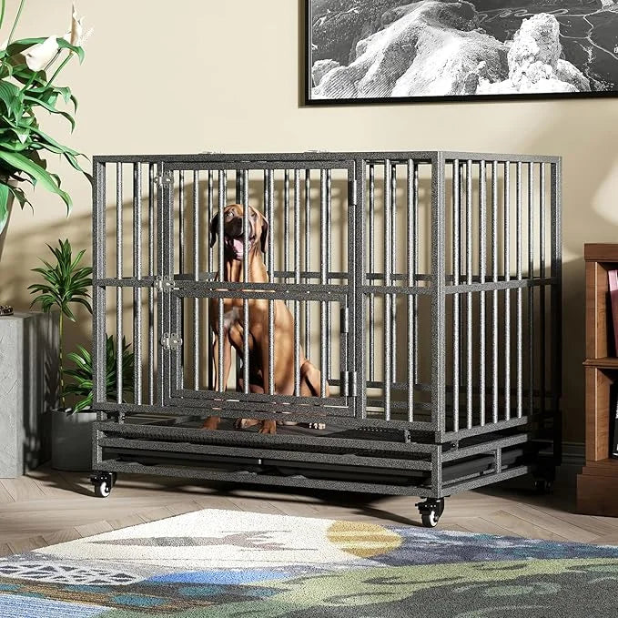 Heavy Duty Extra Large Dog Crate with Wheels - Indestructible 42/46 Inch Chew-Proof, Escape-Proof Kennel for High-Anxiety ...