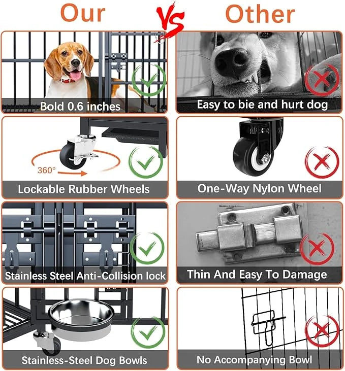aboxoo 42/48 inch Heavy Duty Metal Dog Crate for 2 Dogs/Large Dog,All Metal Open Top Stackable,Dog Kennel Indoor with Whee...