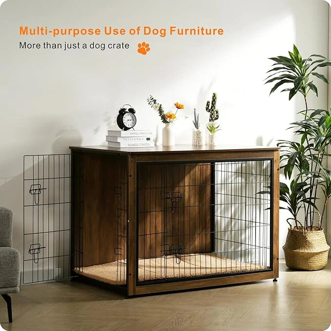 DWANTON Dog Crate Furniture with Cushion, Wooden Kennel Table with Double Doors, Indoor Dog House, Extra Large, 43.3" L, W...